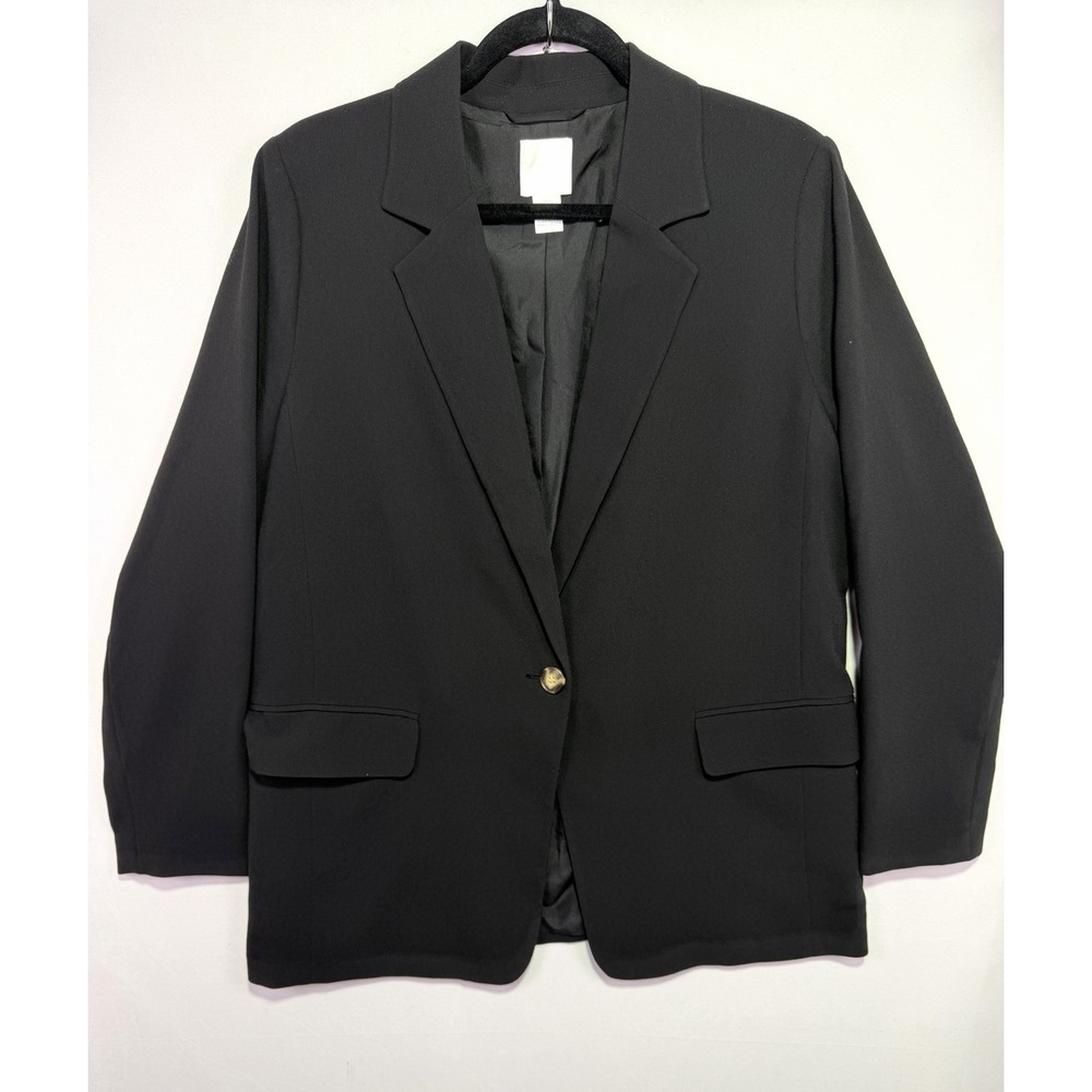 H&M Womens L Black Blazer Single Button Longline Career Work Jacket Lined